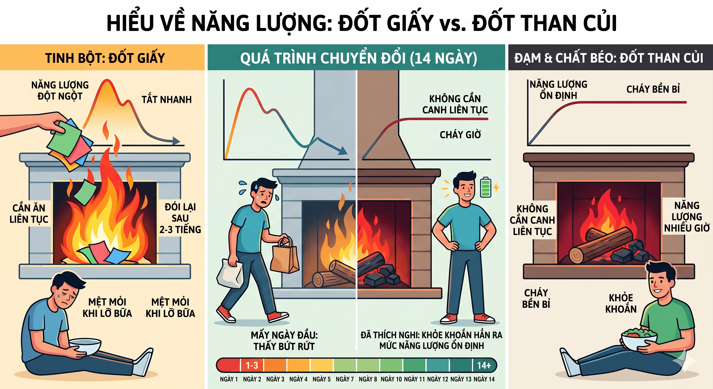 Đốt giấy và đốt than củi — tinh bột vs đạm chất béo