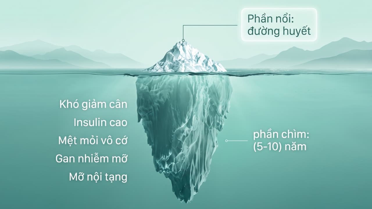 Phần nổi (đường huyết) và phần chìm (insulin cao, gan nhiễm mỡ, huyết áp cao, tích mỡ bụng...) của tảng băng sức khỏe chuyển hóa
