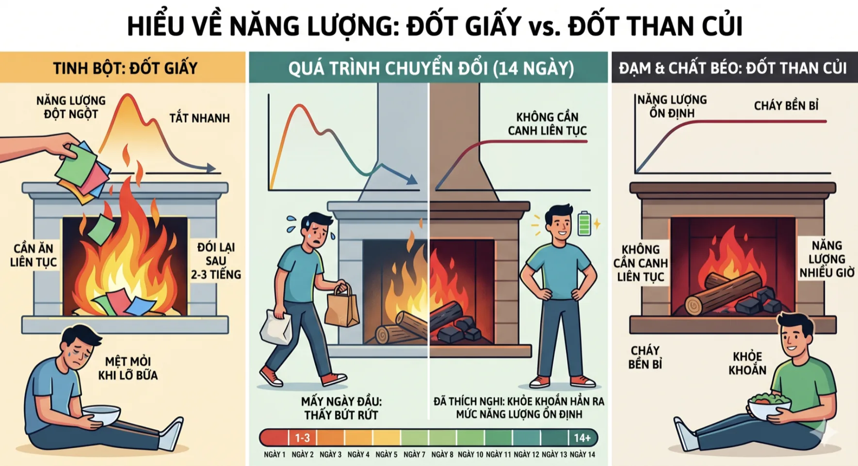 Đốt giấy và đốt than củi — tinh bột vs đạm chất béo