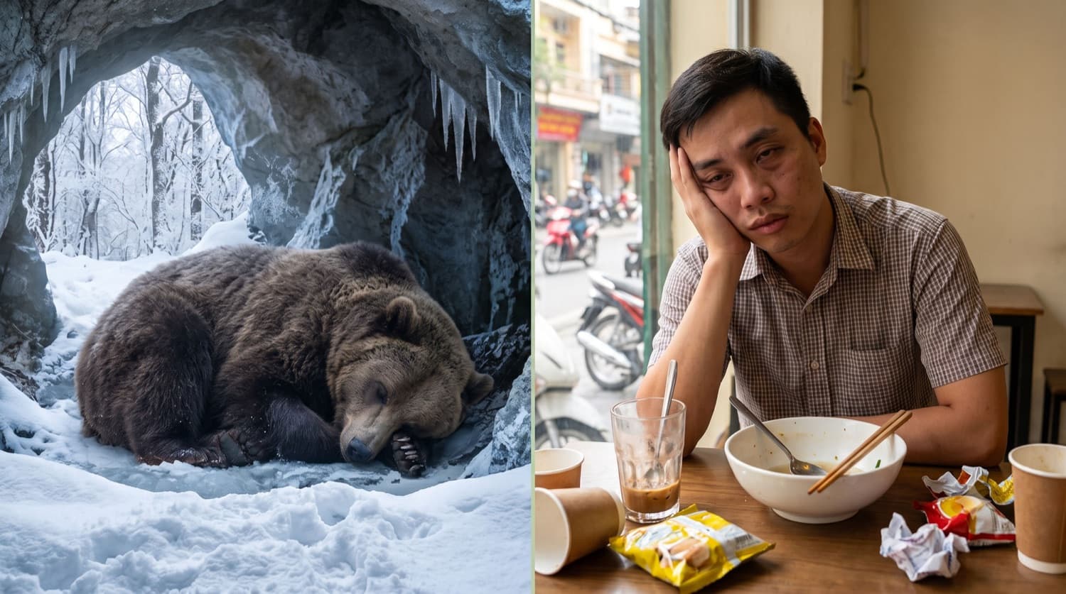 Gấu ngủ đông trong hang tuyết bên cạnh người đàn ông mệt mỏi gục xuống bàn sau bữa ăn