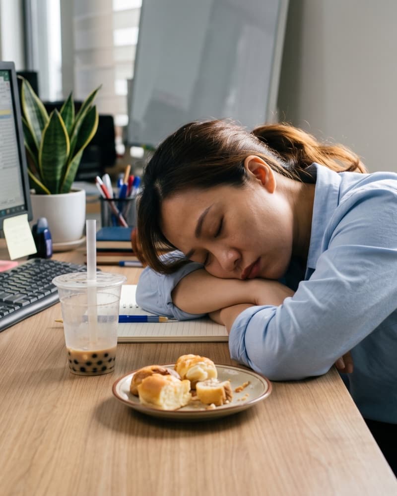 Gục ngủ tại bàn làm việc bên cạnh trà sữa và bánh ngọt — mệt mỏi sau bữa ăn nhiều tinh bột